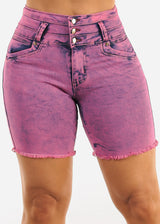 Butt Lift Mid Thigh Frayed Denim Shorts Acid Wash
