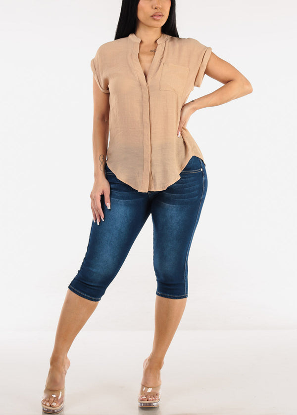 Butt Lift Mid Rise Denim Capris Dark Blue