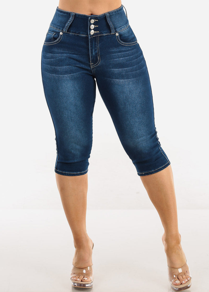 Butt Lift Mid Rise Denim Capris Dark Blue
