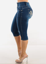 Butt Lift Mid Rise Denim Capris Dark Blue