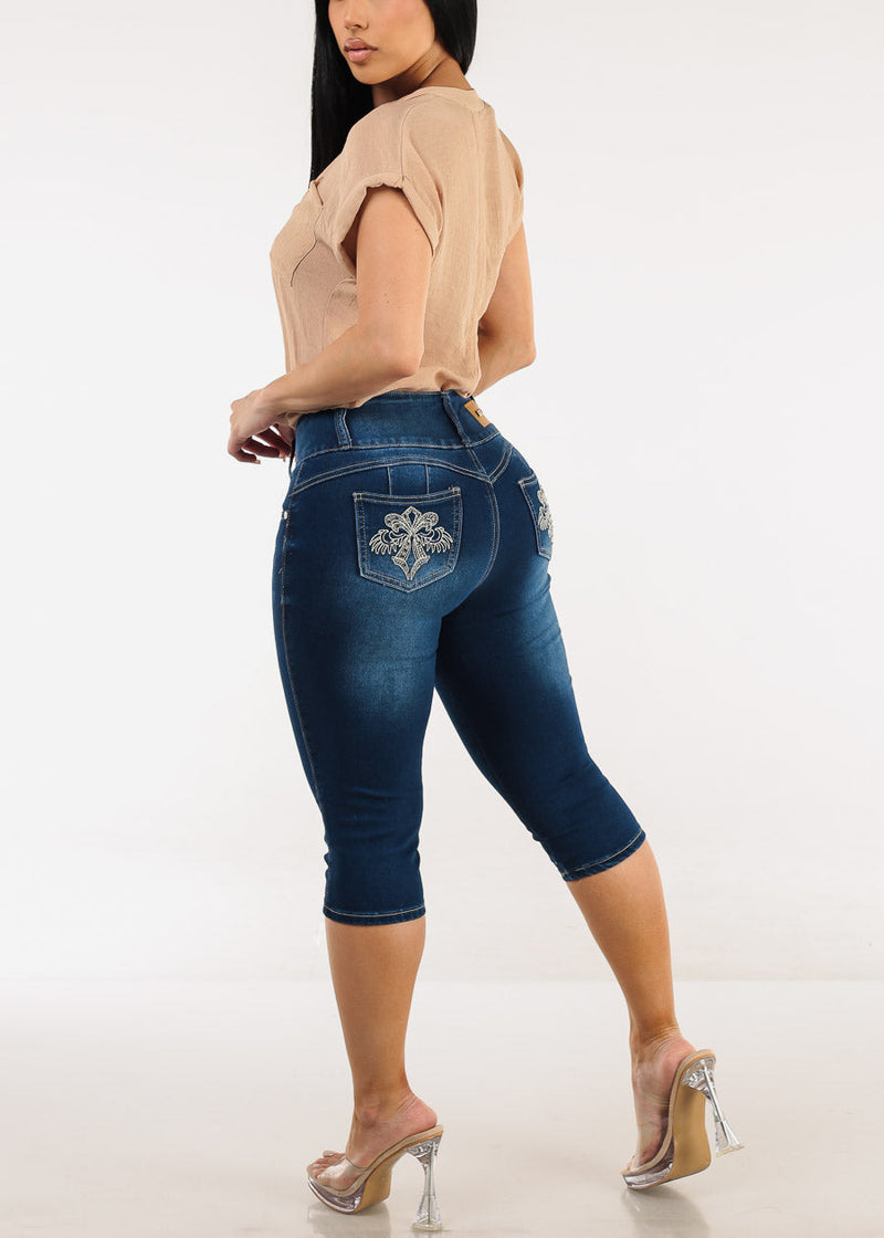 Butt Lift Mid Rise Denim Capris Dark Blue