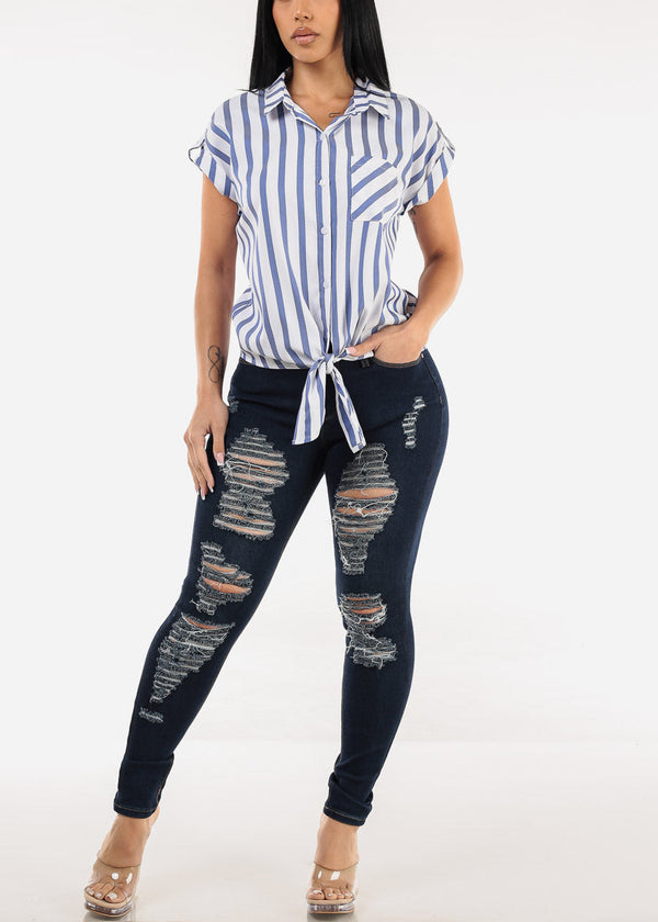 Stretchy Distressed Mid Rise Dark Skinny Jeans