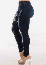Stretchy Distressed Mid Rise Dark Skinny Jeans