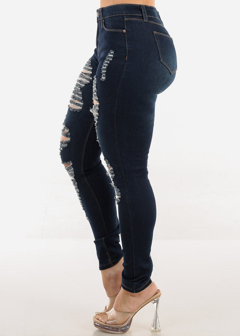 Stretchy Distressed Mid Rise Dark Skinny Jeans