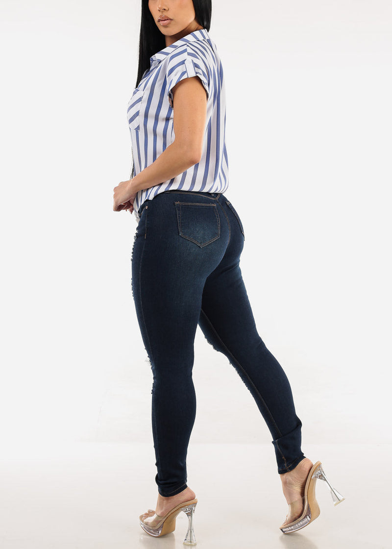 Stretchy Distressed Mid Rise Dark Skinny Jeans