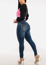 Butt Lift High Waist Dark Skinny Jeans w Back Pocket Design