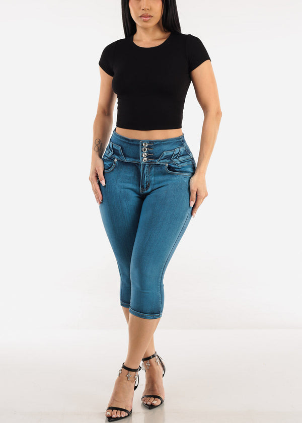 Butt Lift Super High Waist Denim Capris Teal