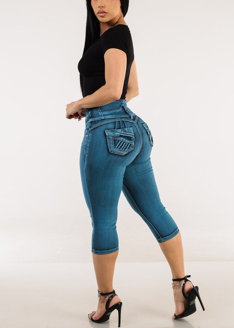Butt Lift Super High Waist Denim Capris Teal
