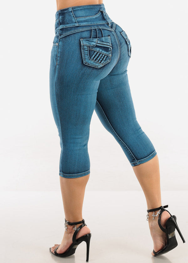 Butt Lift Super High Waist Denim Capris Teal