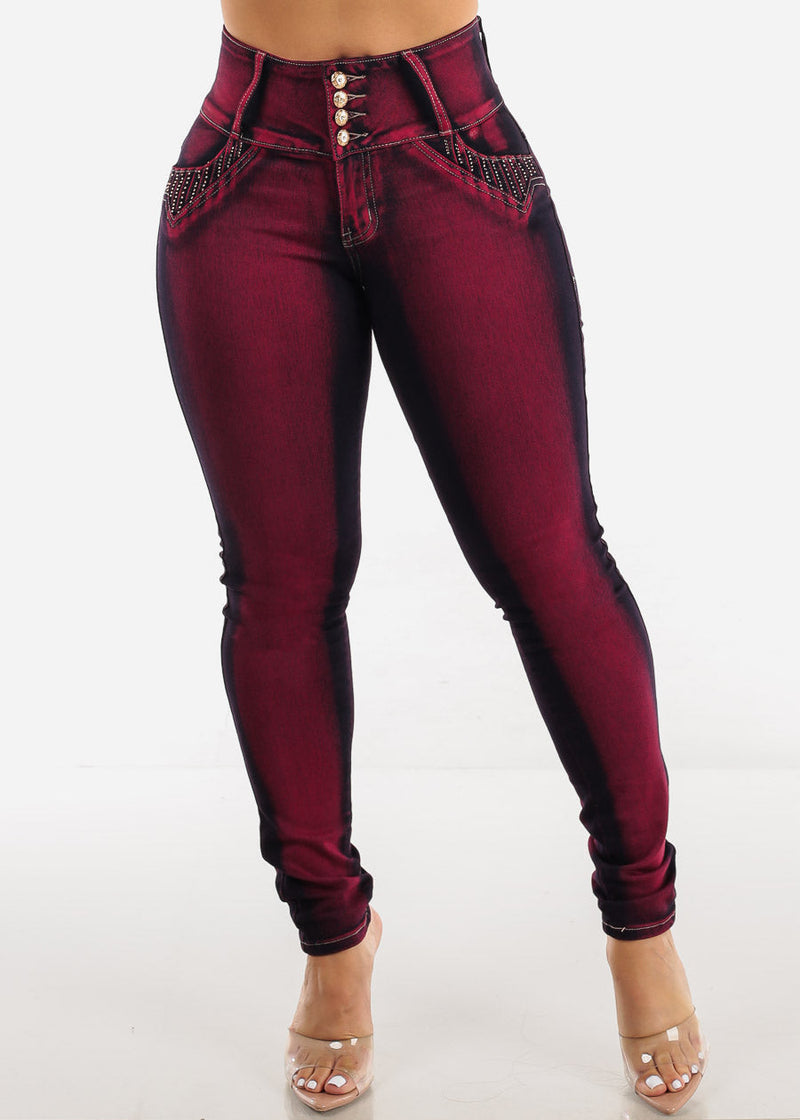 MX JEANS Levantacola Mid Rise Burgundy Skinny Jeans