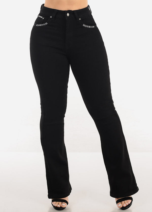 Super High Waist Black Bootcut Jeans w Back Pocket Design
