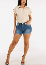 Embroidered High Waist Stretch Denim Shorts Light Stone Wash