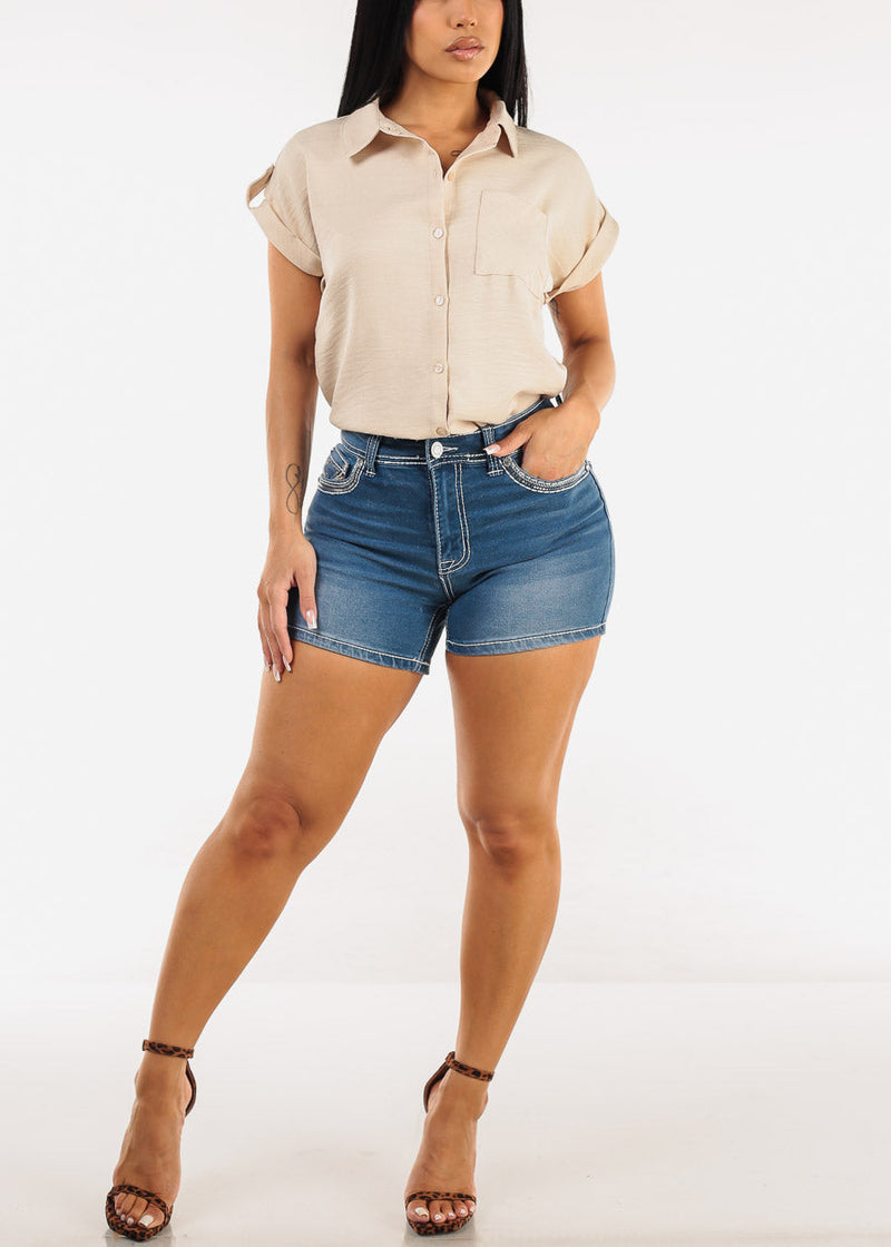 Embroidered High Waist Stretch Denim Shorts Light Stone Wash