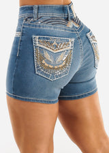 Embroidered High Waist Stretch Denim Shorts Light Stone Wash