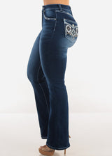 Super High Waist Stretch Dark Bootcut Jeans w Back Pocket Design