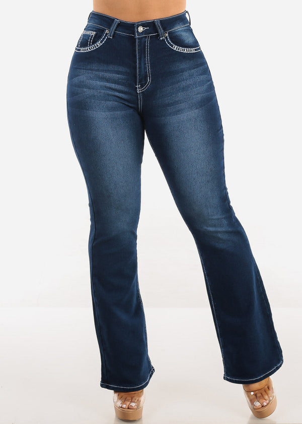 Super High Waist Stretch Dark Bootcut Jeans w Back Pocket Design
