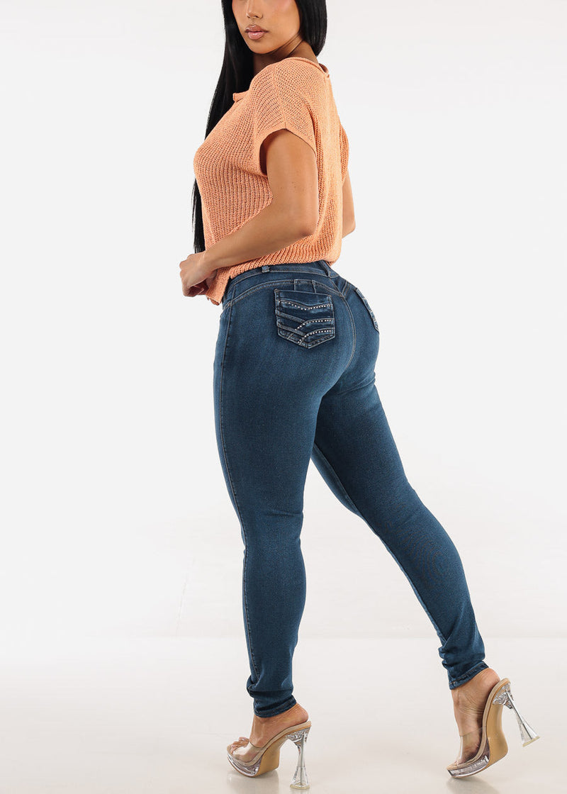 Butt Lift Mid Rise Stretch Skinny Jeans Dark Wash