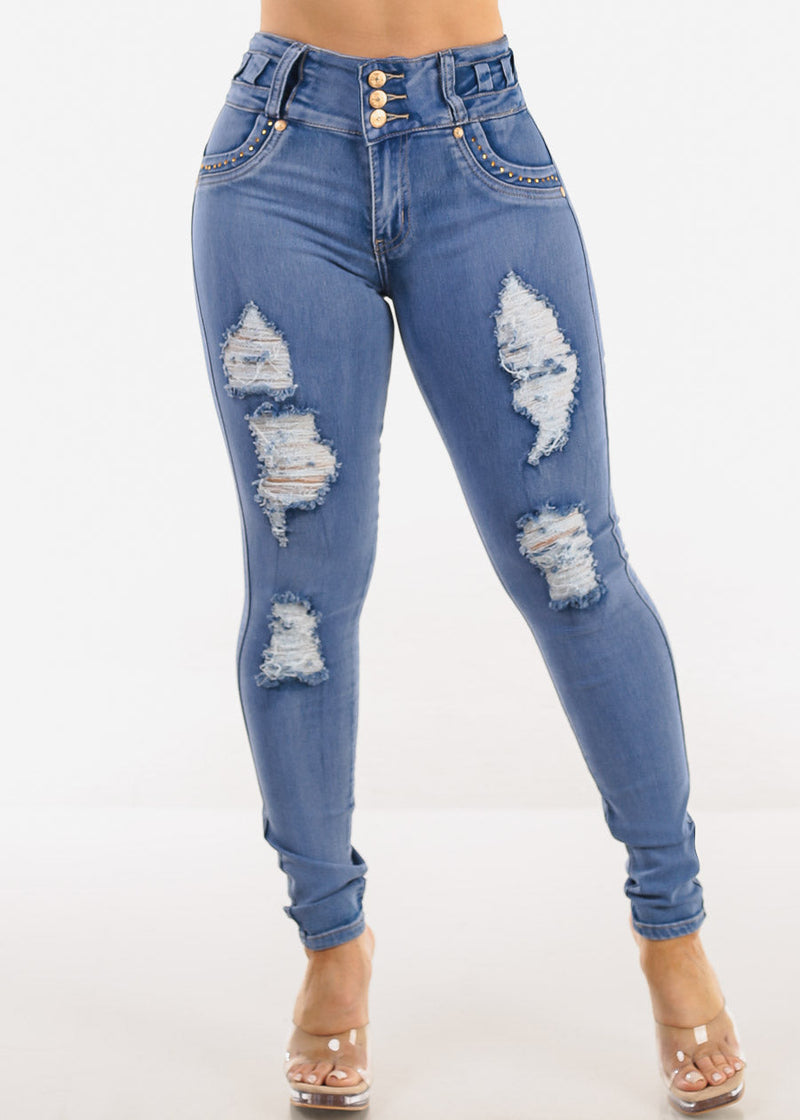 Butt Lift High Waist Distressed Skinny Jeans Blue