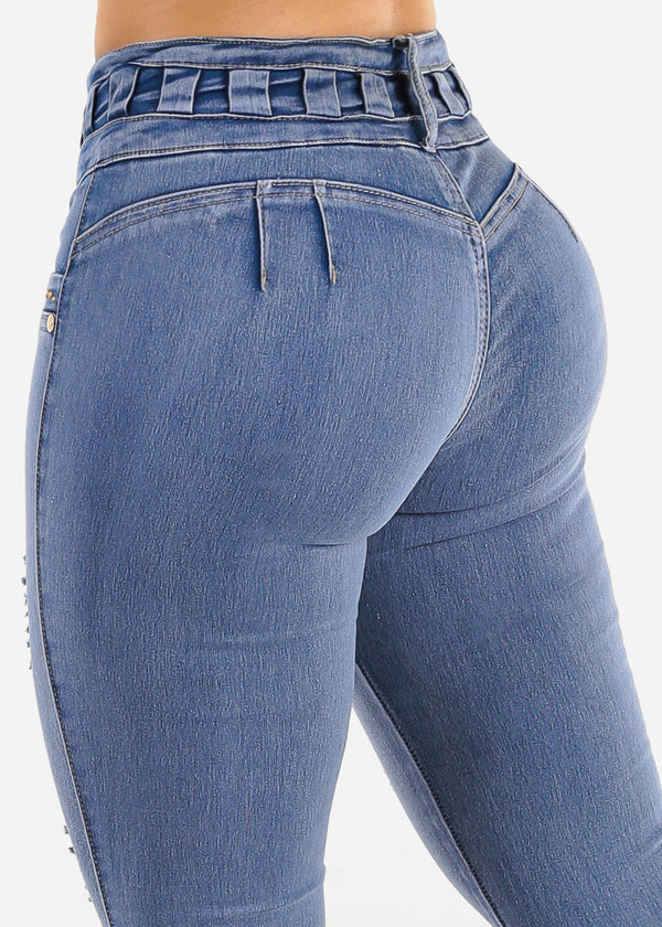 Butt Lift High Waist Distressed Skinny Jeans Blue