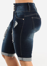 Butt Lift Distressed Denim Bermuda Shorts Dark Blue