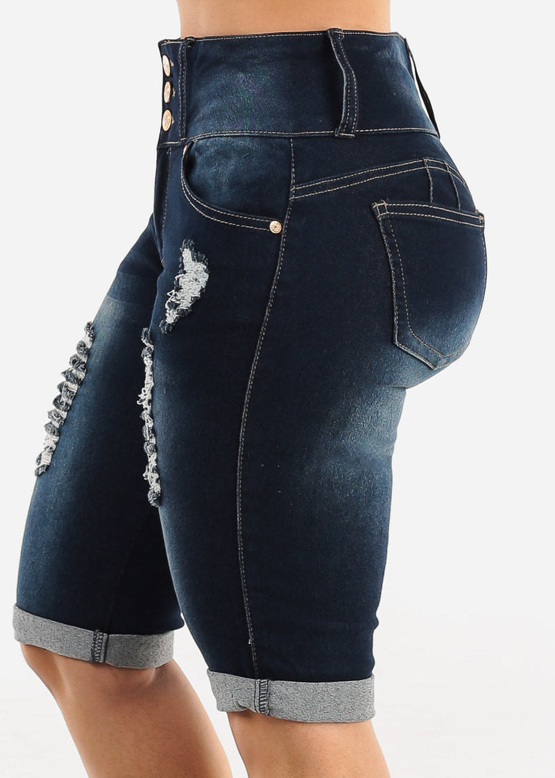 Butt Lift Distressed Denim Bermuda Shorts Dark Blue