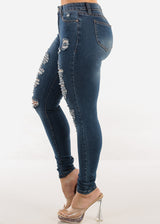Stretchy Distressed Mid Rise Skinny Jeans Med Blue