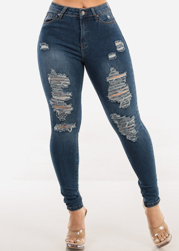 Stretchy Distressed Mid Rise Skinny Jeans Med Blue