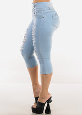 Butt Lift Distressed Light Denim Capris