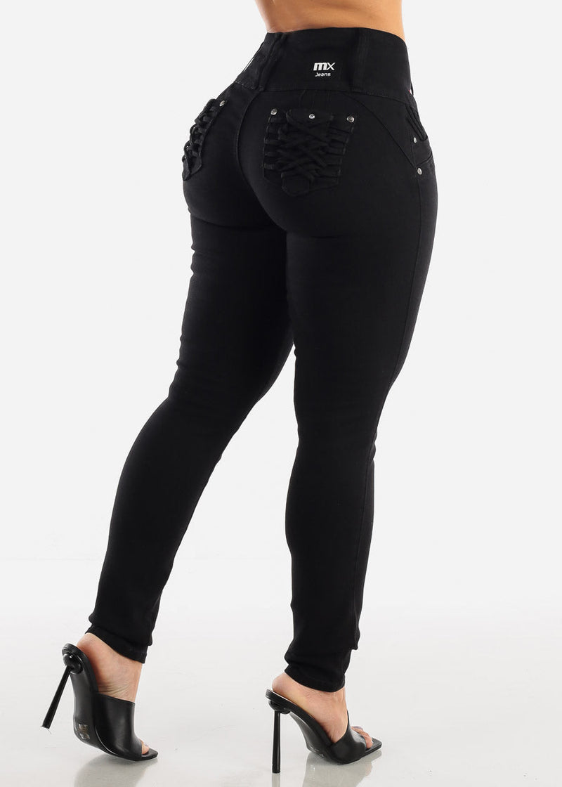 MX JEANS Black Butt Lift Levanta Cola Braided Pocket Skinny Jeans