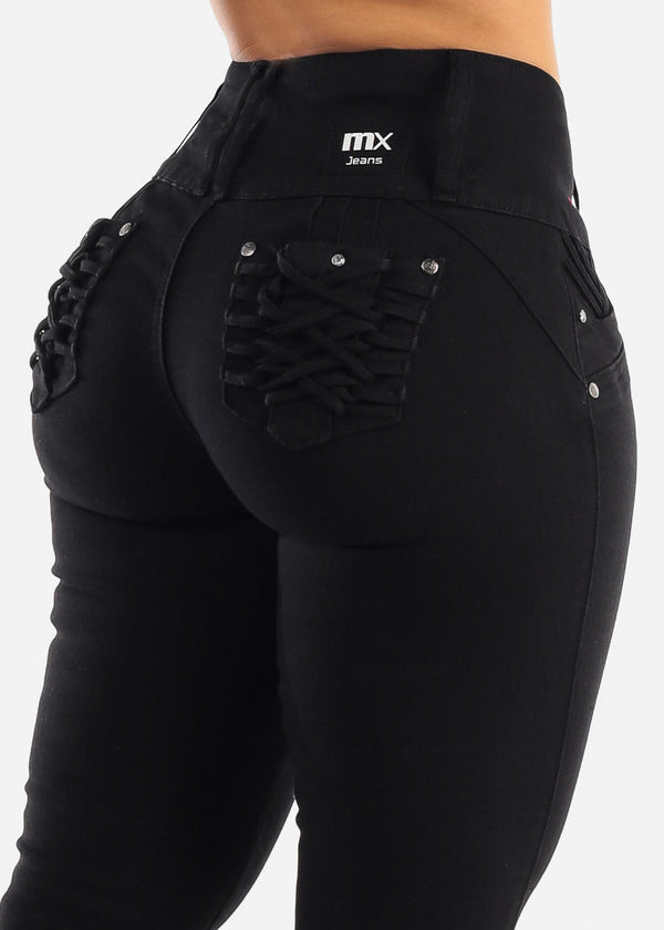 MX JEANS Black Butt Lift Levanta Cola Braided Pocket Skinny Jeans