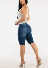 Stretchy Ripped Mid Rise Denim Bermuda Shorts Med Blue