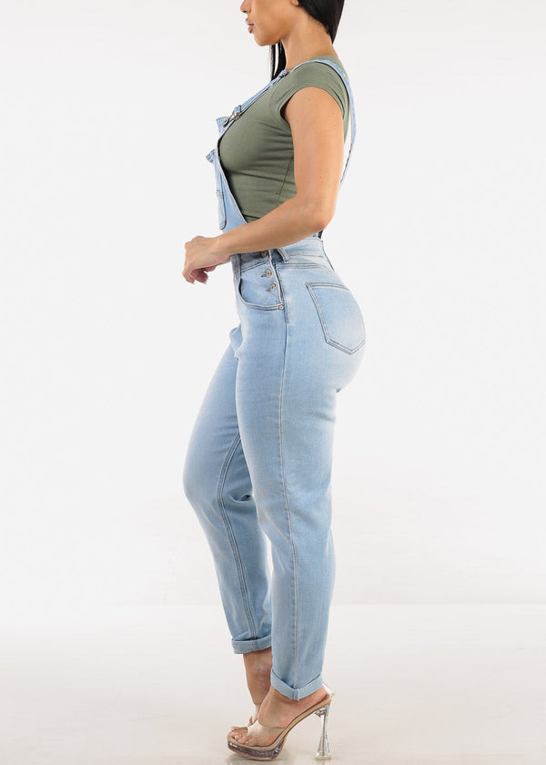 Buckle Strap Stretch Skinny Denim Overalls Light Wash