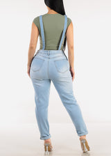 Buckle Strap Stretch Skinny Denim Overalls Light Wash