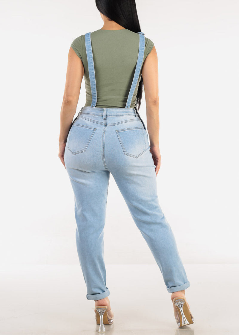 Buckle Strap Stretch Skinny Denim Overalls Light Wash