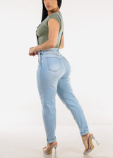 Buckle Strap Stretch Skinny Denim Overalls Light Wash