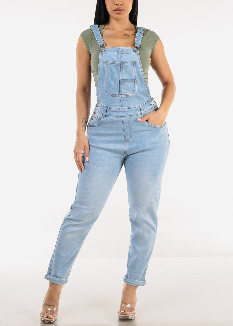 Buckle Strap Stretch Skinny Denim Overalls Light Wash