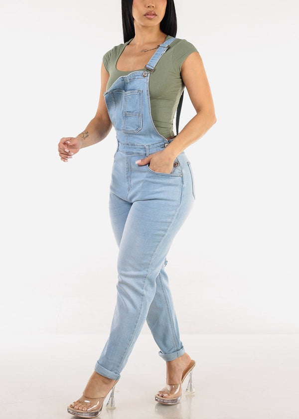 Buckle Strap Stretch Skinny Denim Overalls Light Wash