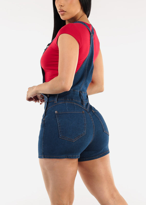 Butt Lift Sleeveless Dark Denim Short Overalls