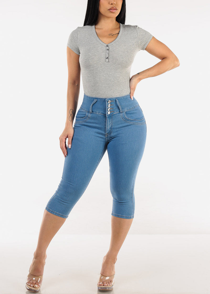 Butt Lift High Waist Blue Denim Capris