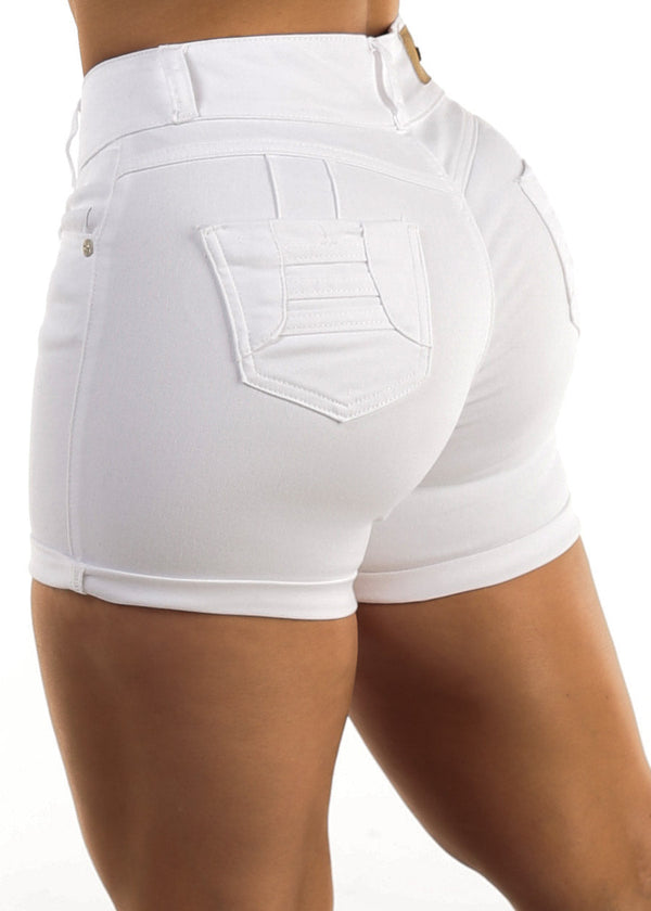 Butt Lift Mid Rise Cuffed Denim Short White