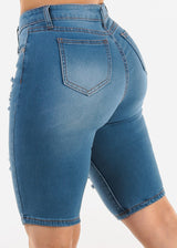 Stretchy Mid Rise Torn Denim Bermuda Shorts Blue