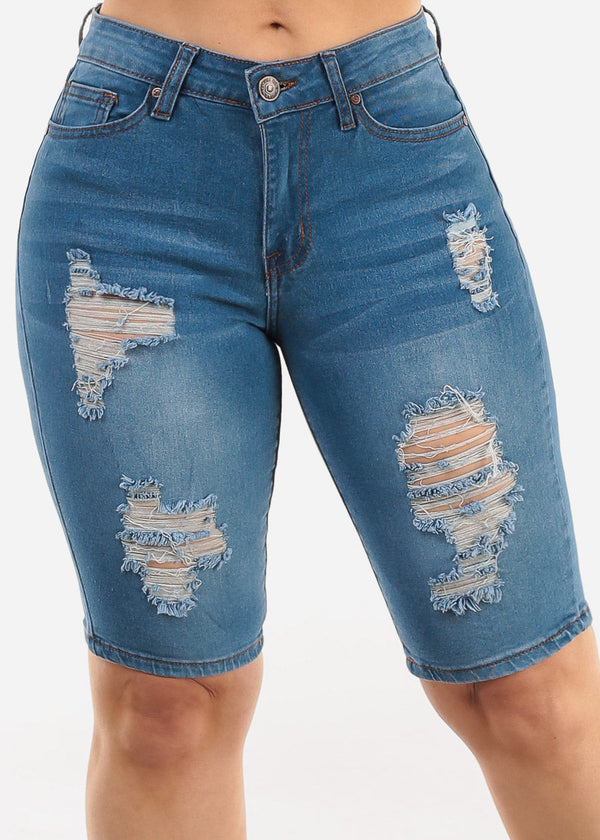 Stretchy Mid Rise Torn Denim Bermuda Shorts Blue