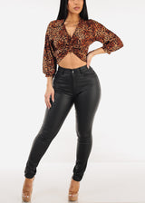 Super High Waist Coated Faux Leather Skinny Jeans Black
