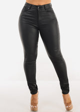 Super High Waist Coated Faux Leather Skinny Jeans Black