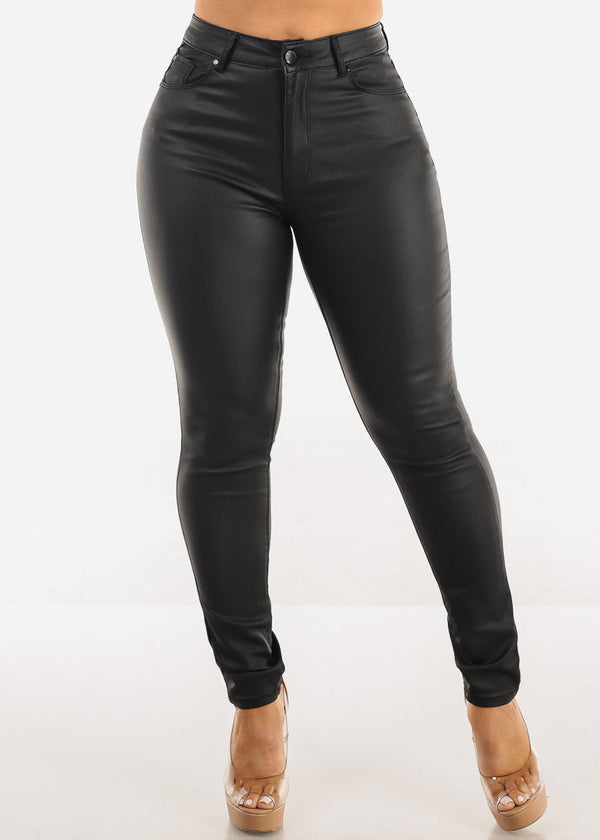 Super High Waist Coated Faux Leather Skinny Jeans Black