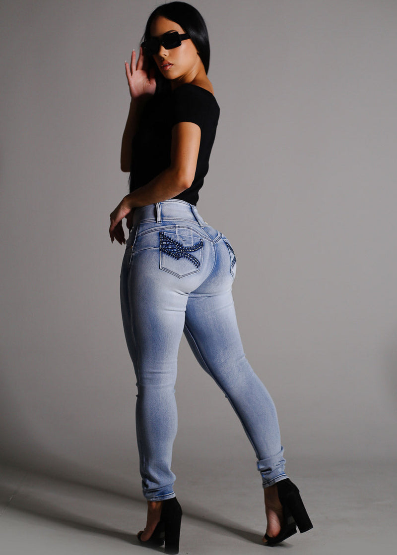 Butt Lift Mid Rise Stretch Skinny Jeans Acid Wash
