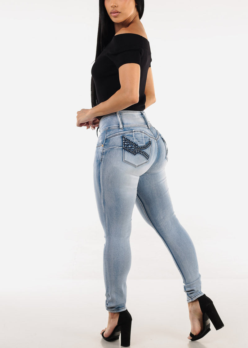 Butt Lift Mid Rise Stretch Skinny Jeans Acid Wash