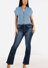 High Waist Dark Stretch Bootcut Jeans w Back Pocket Design