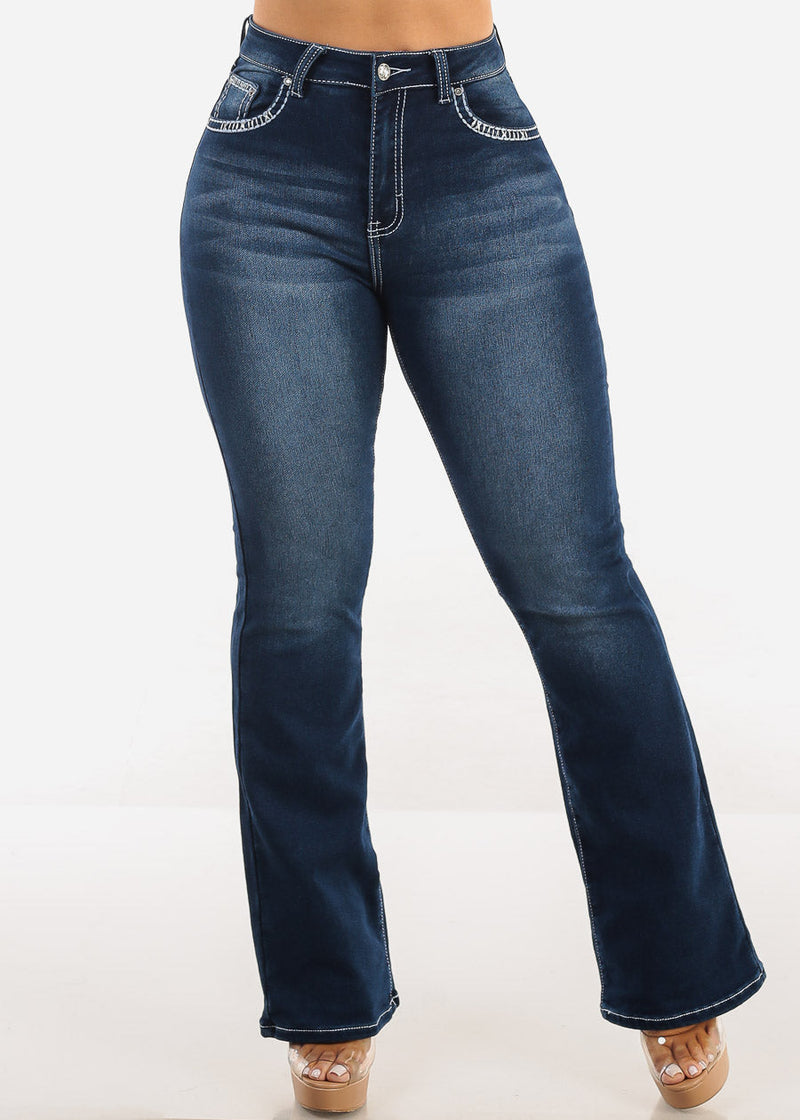 High Waist Dark Stretch Bootcut Jeans w Back Pocket Design