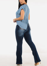 High Waist Dark Stretch Bootcut Jeans w Back Pocket Design